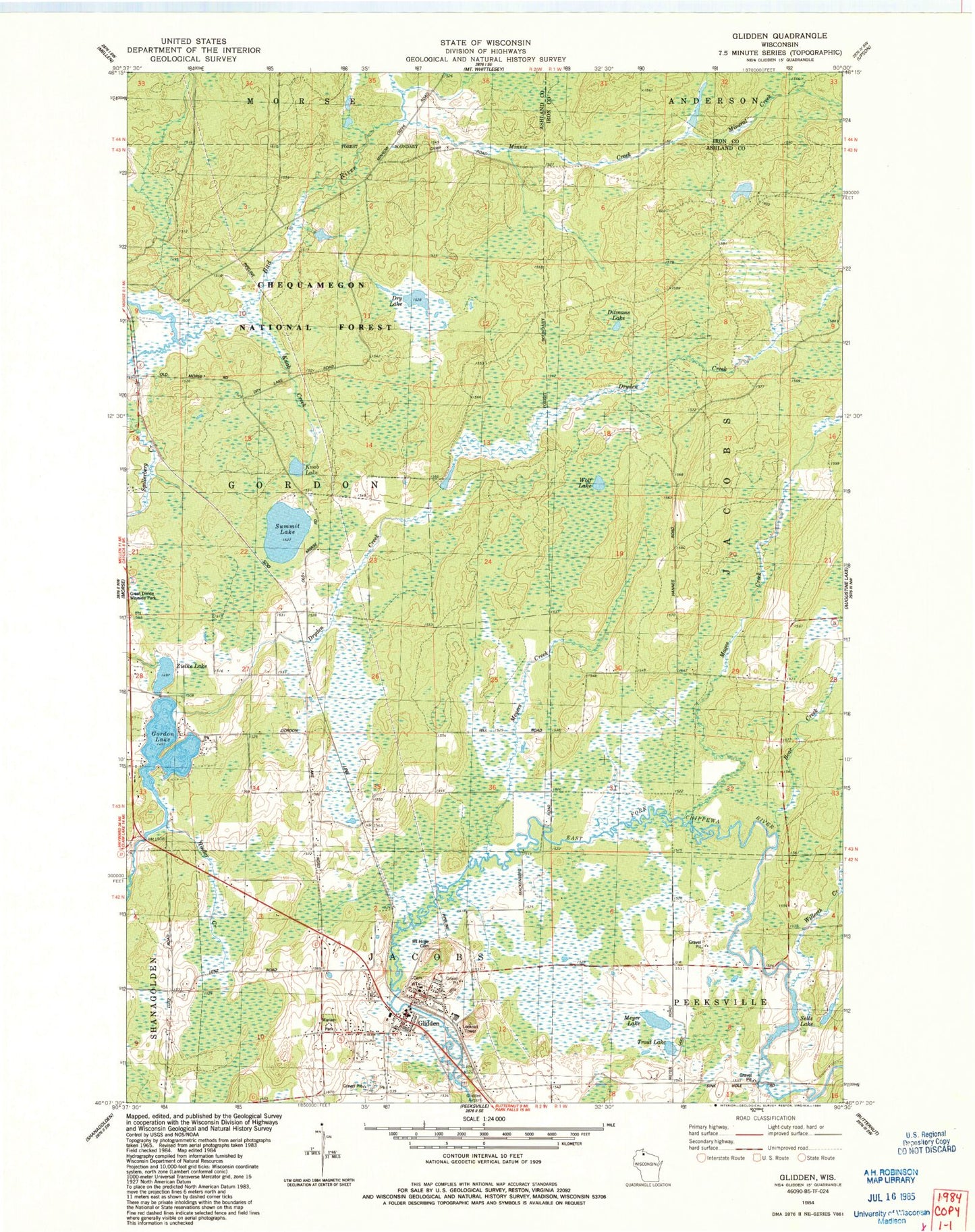 Classic USGS Glidden Wisconsin 7.5'x7.5' Topo Map Image