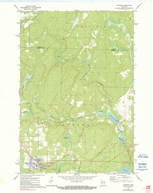 Classic USGS Goodman Wisconsin 7.5'x7.5' Topo Map Image