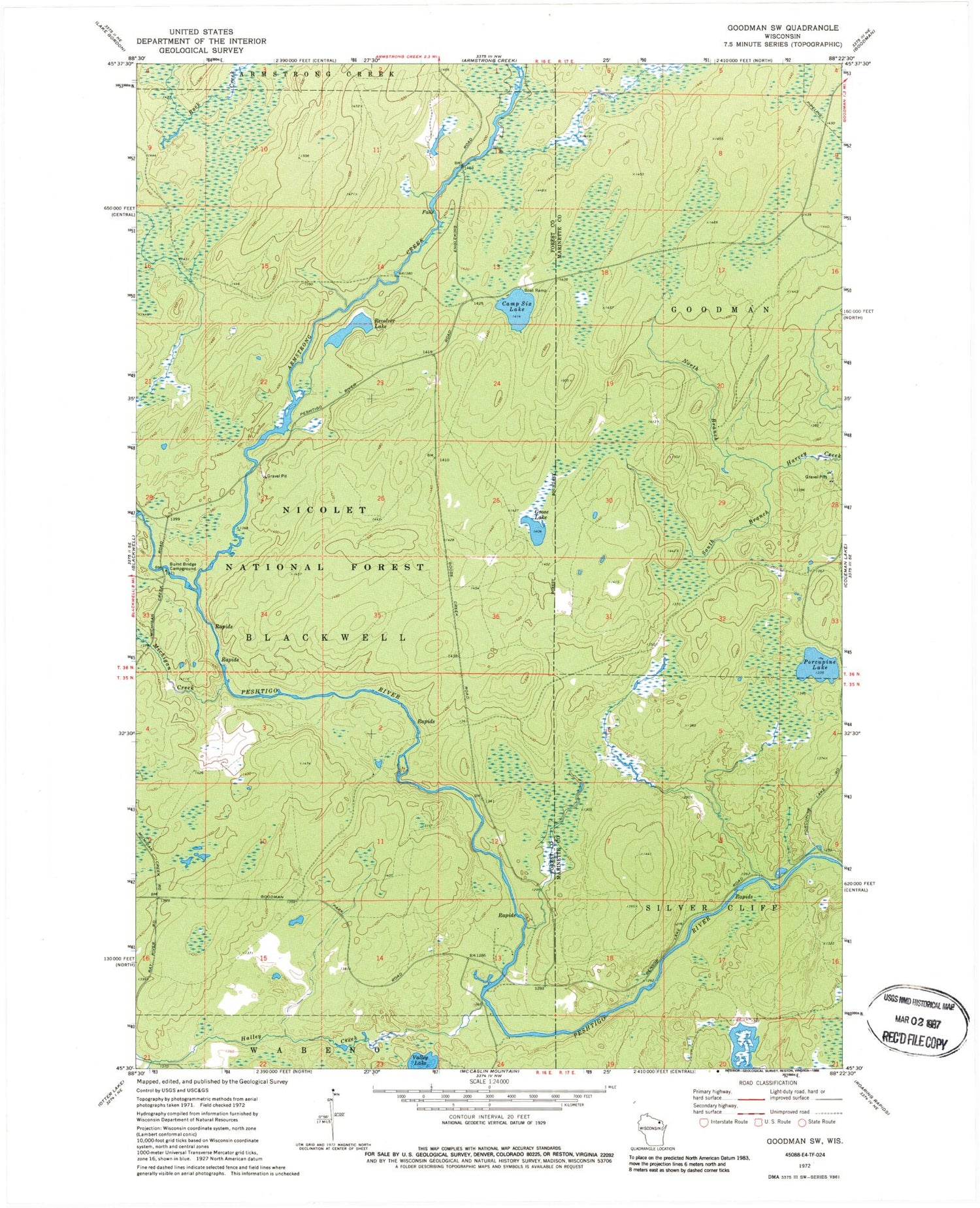 Classic USGS Goodman SW Wisconsin 7.5'x7.5' Topo Map Image