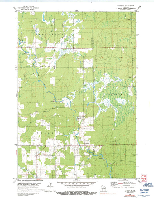 Classic USGS Goodrich Wisconsin 7.5'x7.5' Topo Map Image
