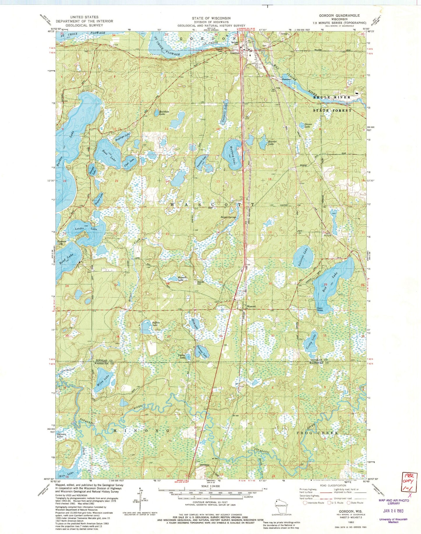 Classic USGS Gordon Wisconsin 7.5'x7.5' Topo Map Image