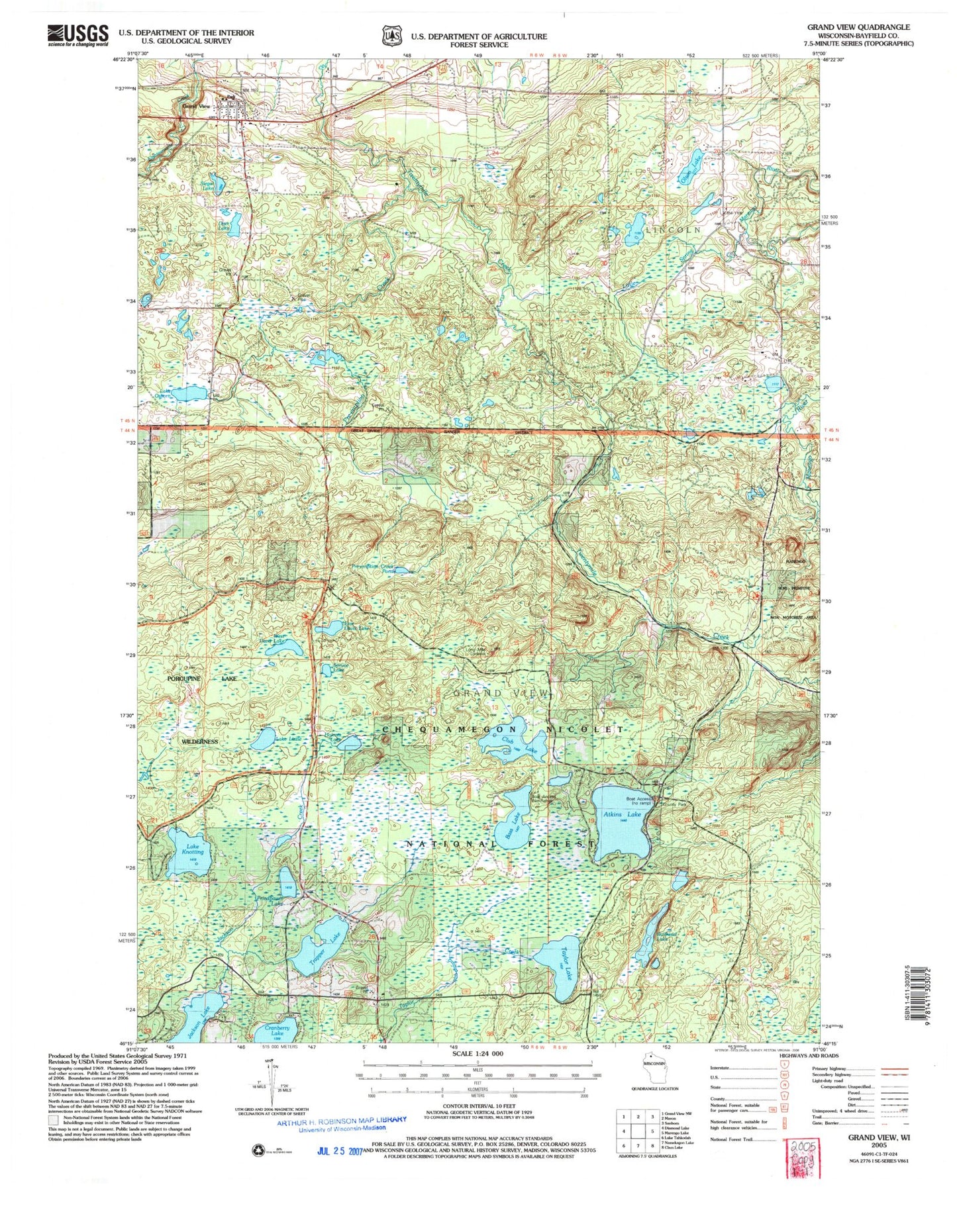 Classic USGS Grand View Wisconsin 7.5'x7.5' Topo Map Image