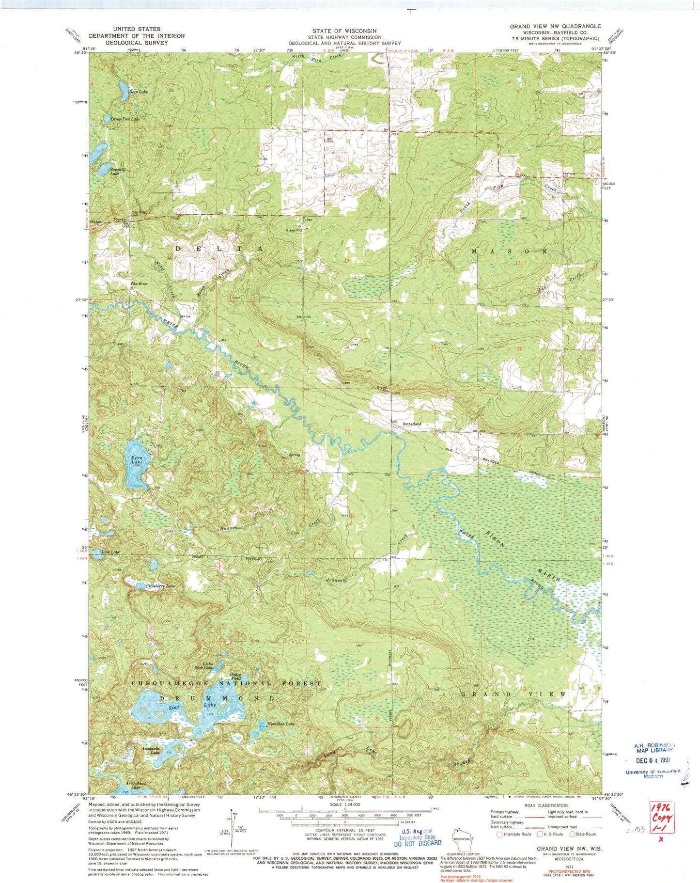 Classic USGS Grandview NW Wisconsin 7.5'x7.5' Topo Map Image