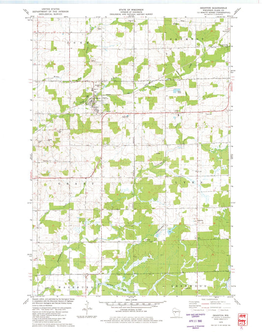Classic USGS Granton Wisconsin 7.5'x7.5' Topo Map Image