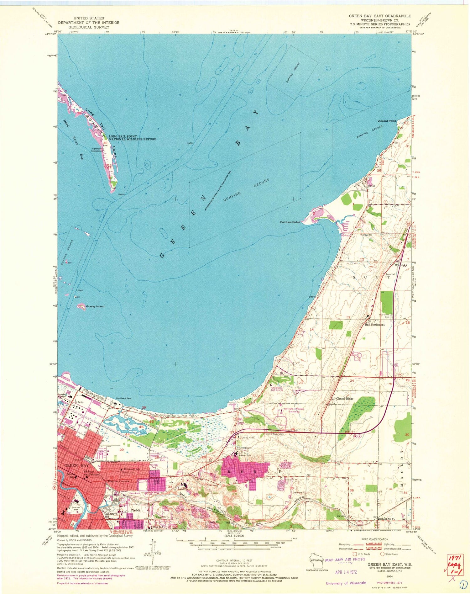 Classic USGS Green Bay East Wisconsin 7.5'x7.5' Topo Map Image