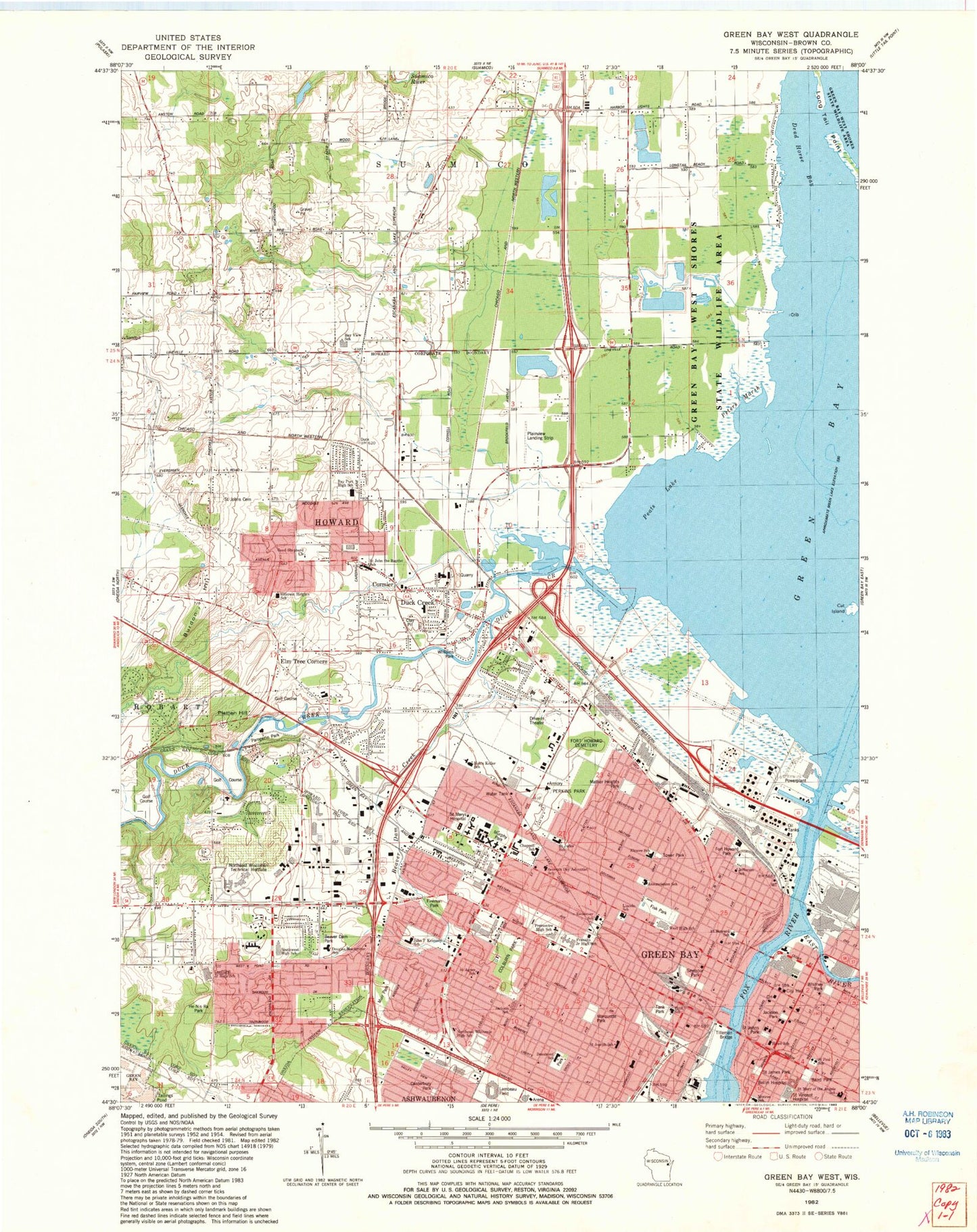 Classic USGS Green Bay West Wisconsin 7.5'x7.5' Topo Map Image