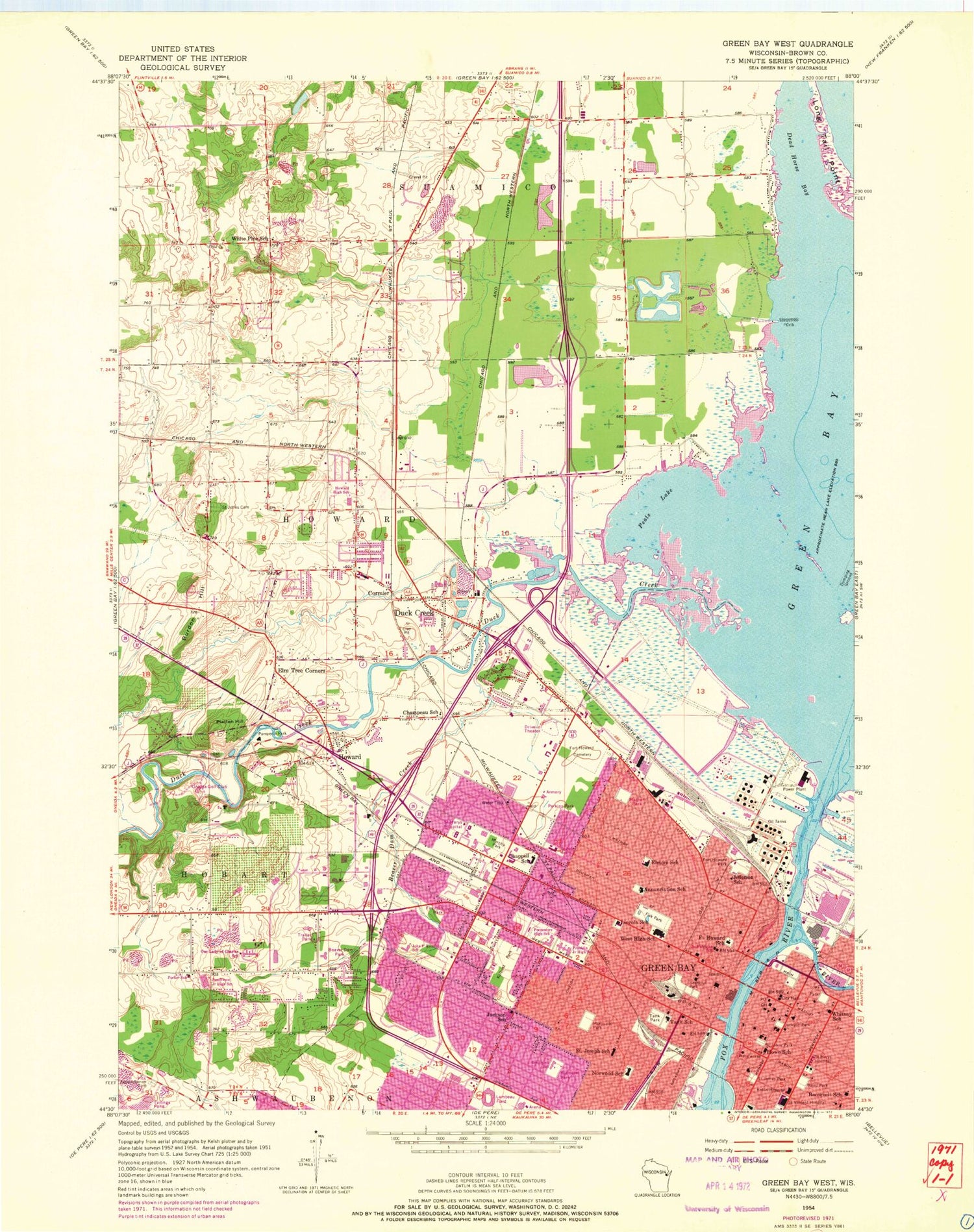 Classic USGS Green Bay West Wisconsin 7.5'x7.5' Topo Map Image