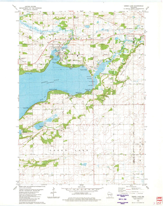 Classic USGS Green Lake Wisconsin 7.5'x7.5' Topo Map Image