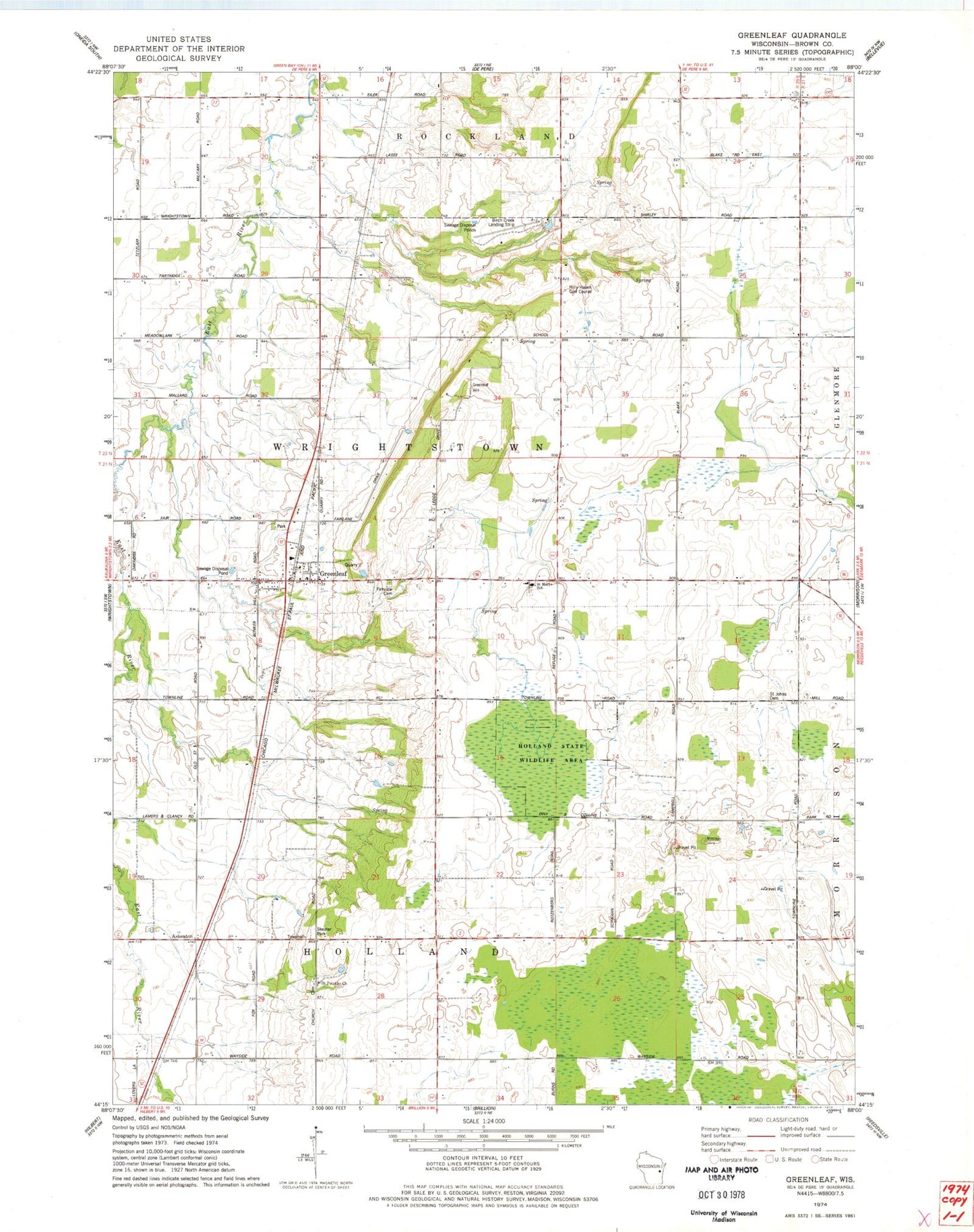Classic USGS Greenleaf Wisconsin 7.5'x7.5' Topo Map Image