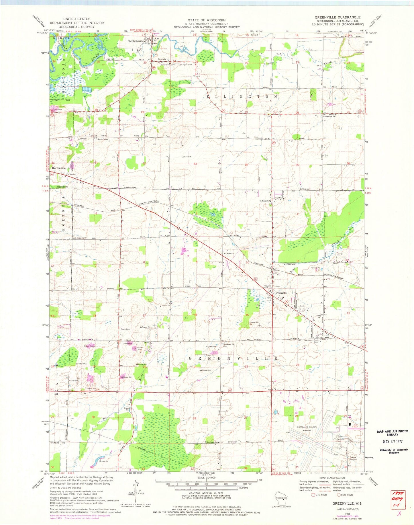Classic USGS Greenville Wisconsin 7.5'x7.5' Topo Map Image