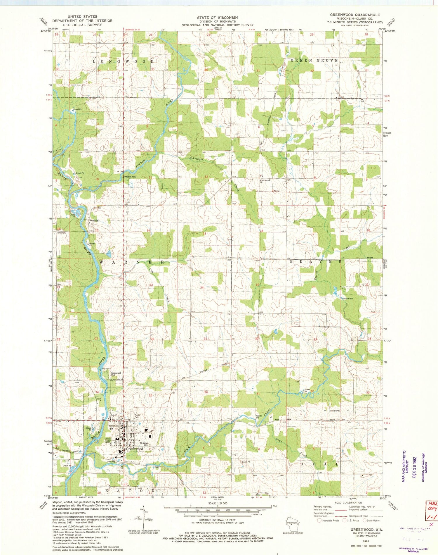 Classic USGS Greenwood Wisconsin 7.5'x7.5' Topo Map Image