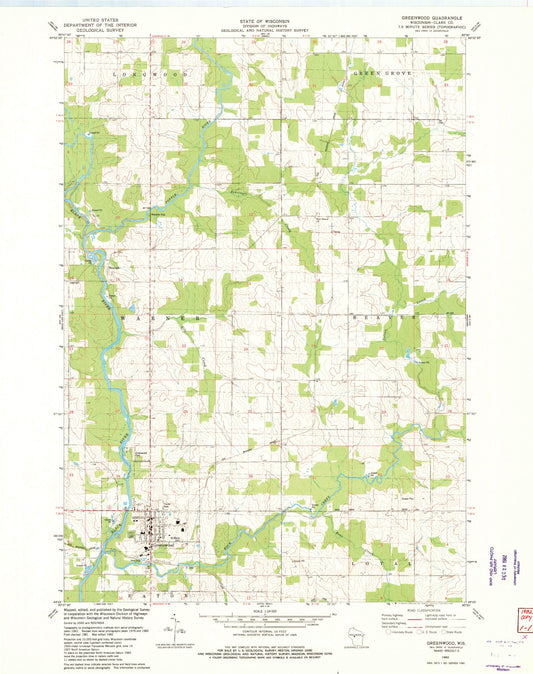 Classic USGS Greenwood Wisconsin 7.5'x7.5' Topo Map Image