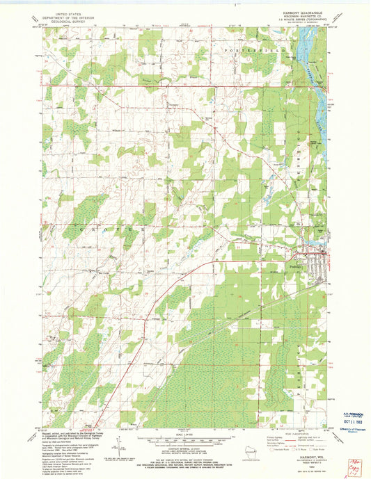 Classic USGS Harmony Wisconsin 7.5'x7.5' Topo Map Image