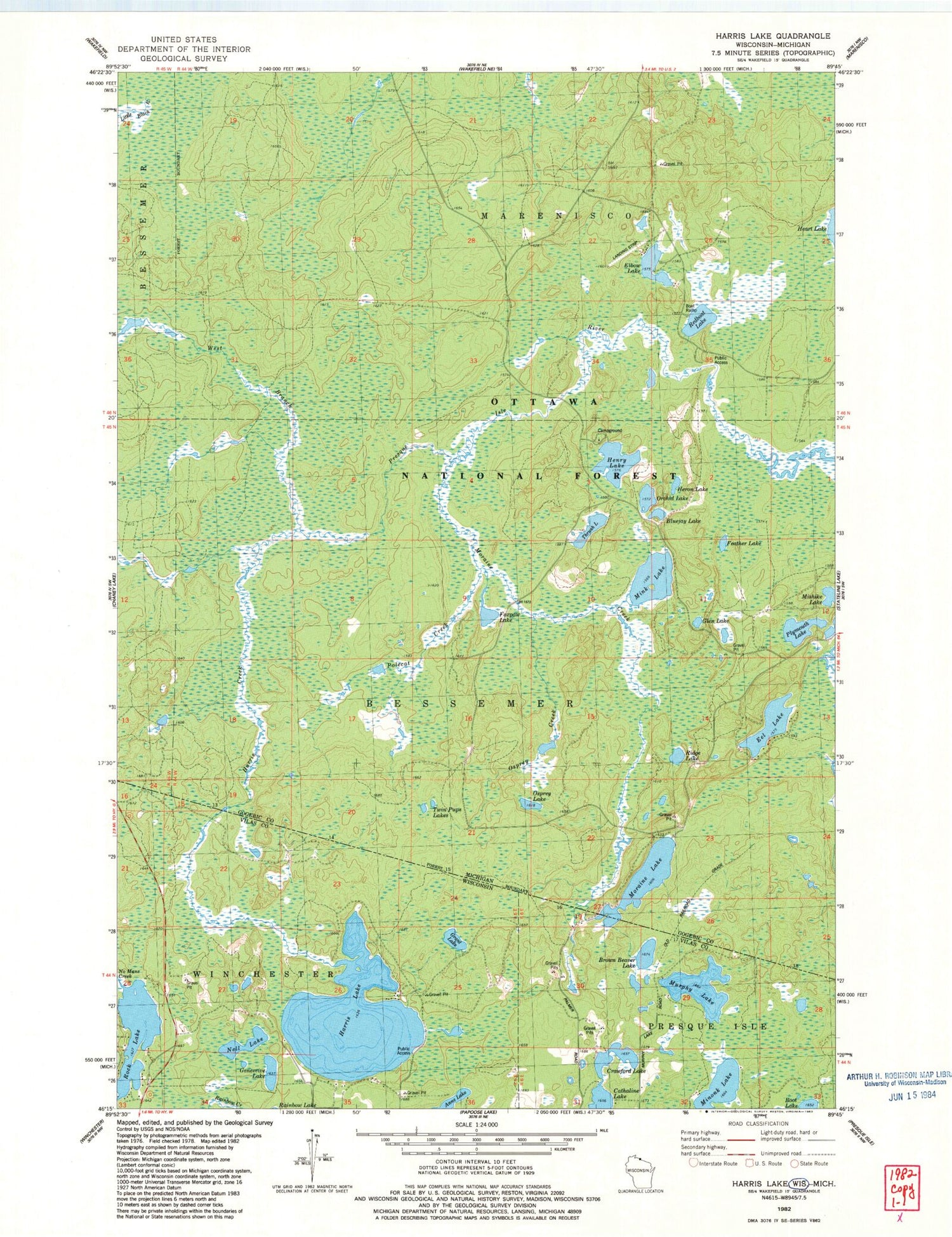 Classic USGS Harris Lake Wisconsin 7.5'x7.5' Topo Map Image