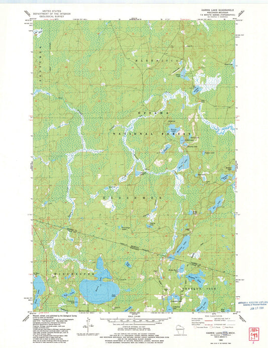 Classic USGS Harris Lake Wisconsin 7.5'x7.5' Topo Map Image