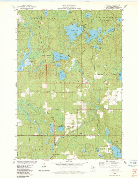 Classic USGS Harshaw Wisconsin 7.5'x7.5' Topo Map Image