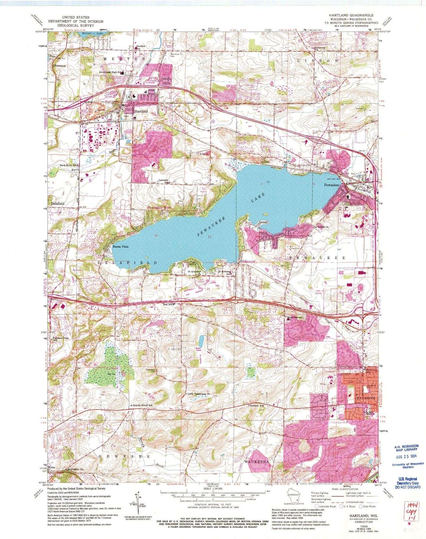 Classic USGS Hartland Wisconsin 7.5'x7.5' Topo Map Image