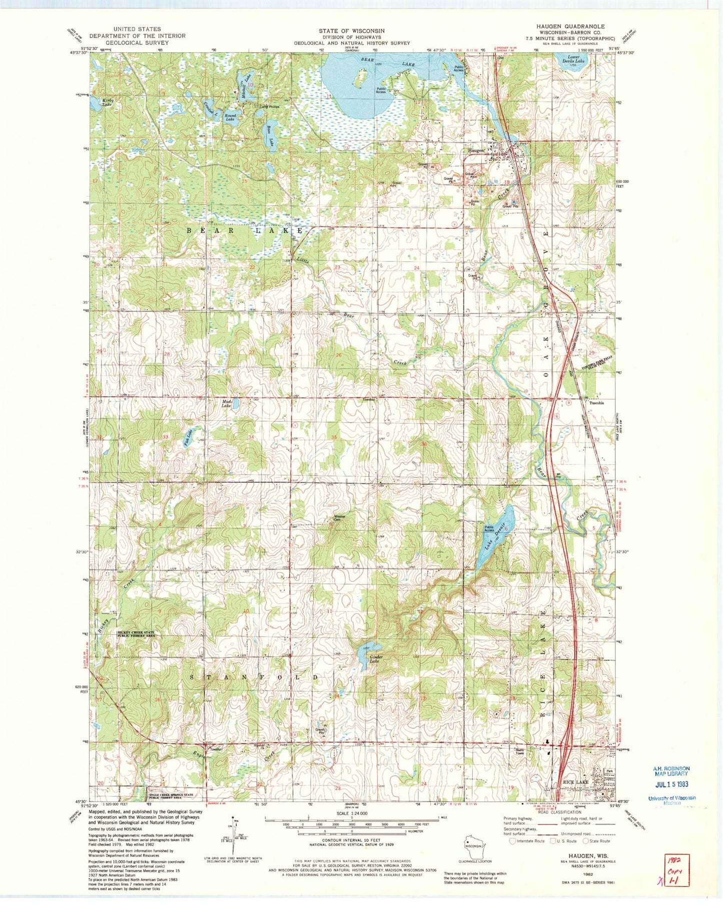Classic USGS Haugen Wisconsin 7.5'x7.5' Topo Map Image