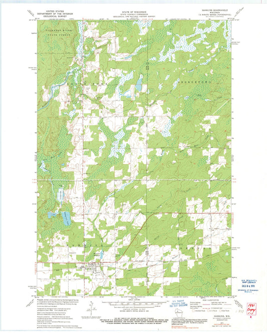 Classic USGS Hawkins Wisconsin 7.5'x7.5' Topo Map Image