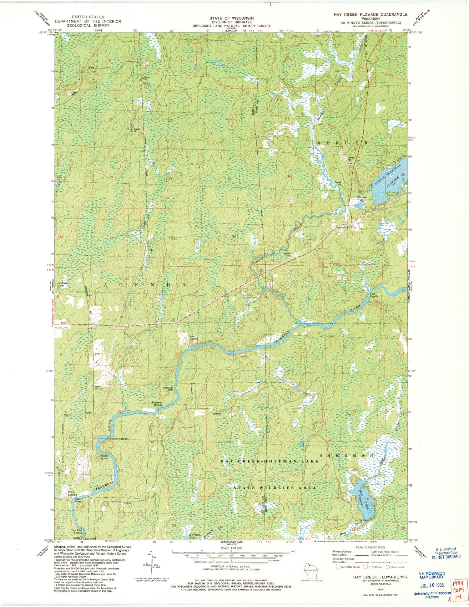 Classic USGS Hay Creek Flowage Wisconsin 7.5'x7.5' Topo Map Image