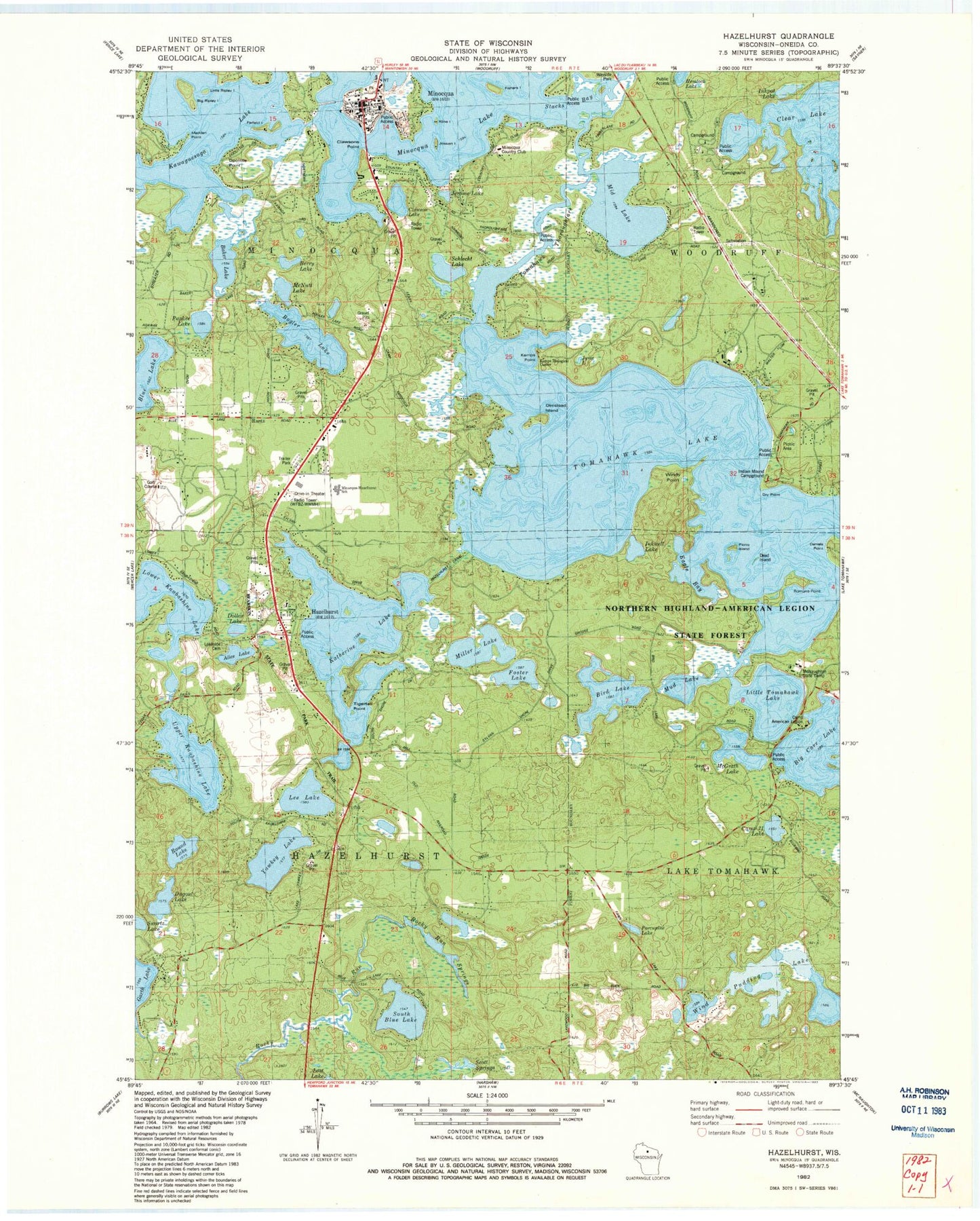 Classic USGS Hazelhurst Wisconsin 7.5'x7.5' Topo Map Image