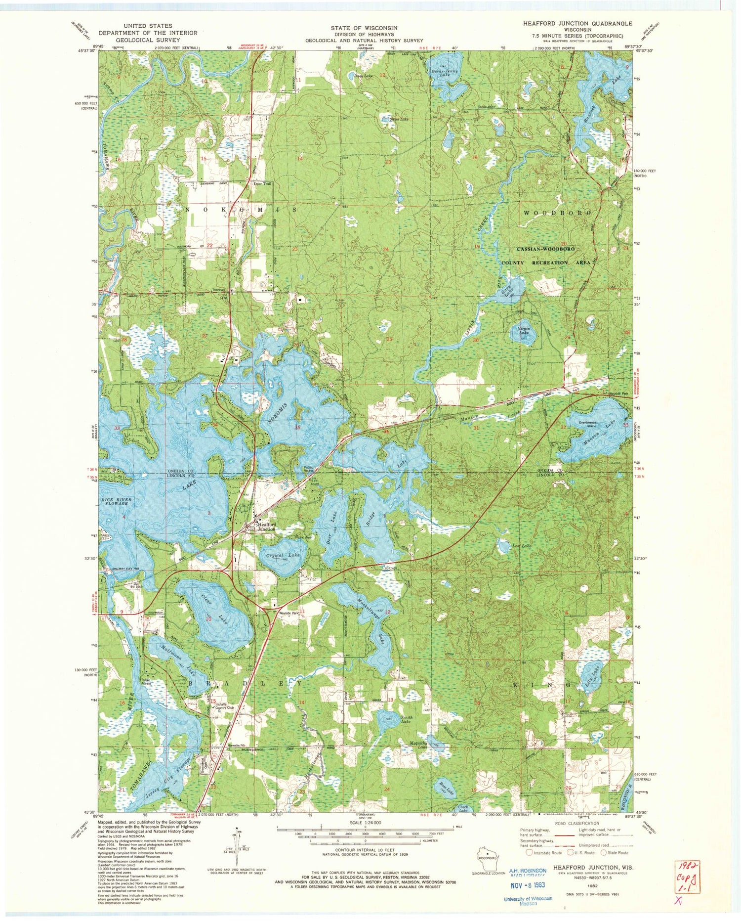Classic USGS Heafford Junction Wisconsin 7.5'x7.5' Topo Map Image