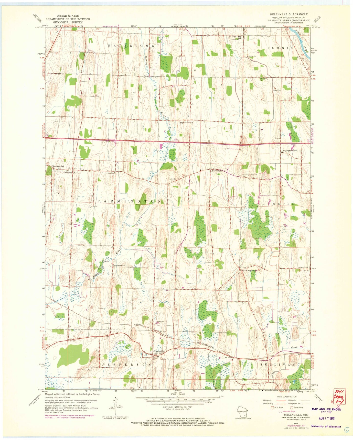 Classic USGS Helenville Wisconsin 7.5'x7.5' Topo Map Image