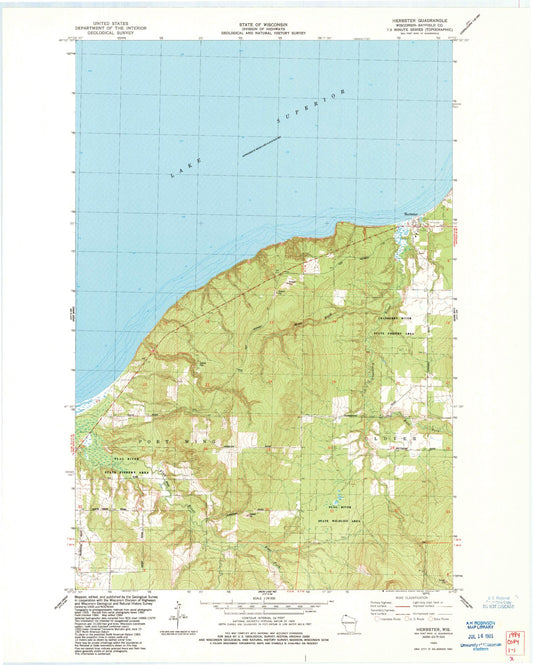 Classic USGS Herbster Wisconsin 7.5'x7.5' Topo Map Image