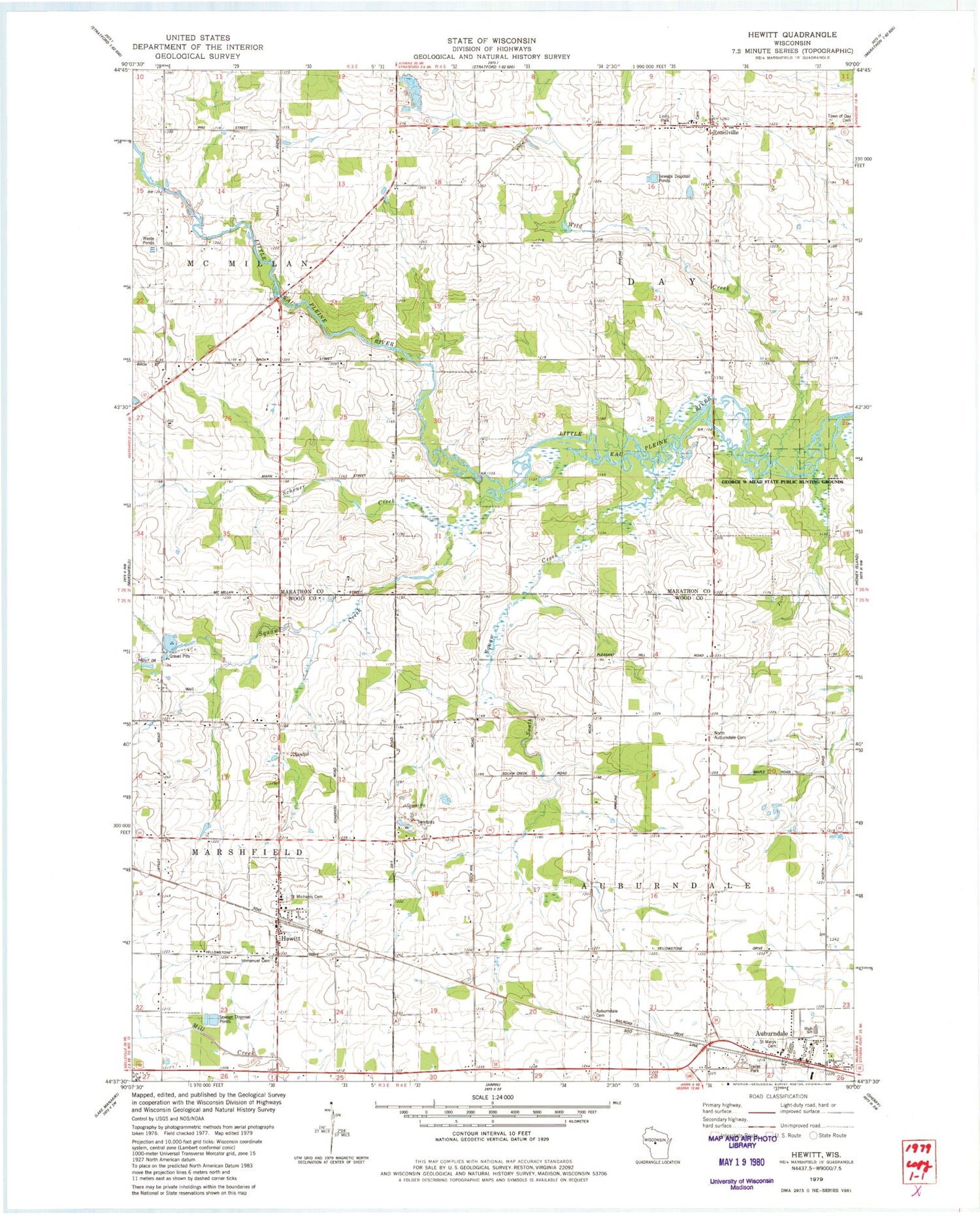 Classic USGS Hewitt Wisconsin 7.5'x7.5' Topo Map Image