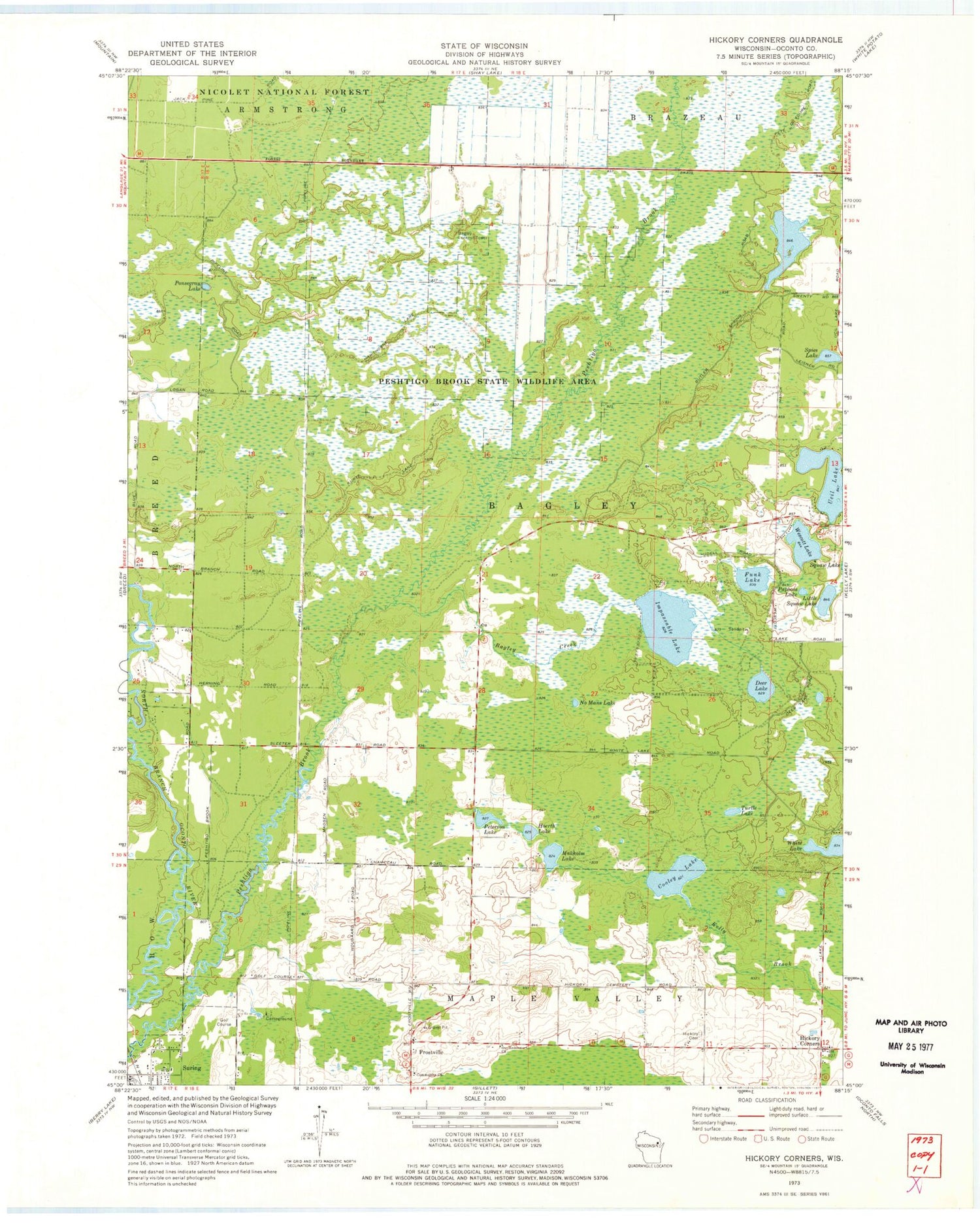 Classic USGS Hickory Corners Wisconsin 7.5'x7.5' Topo Map Image