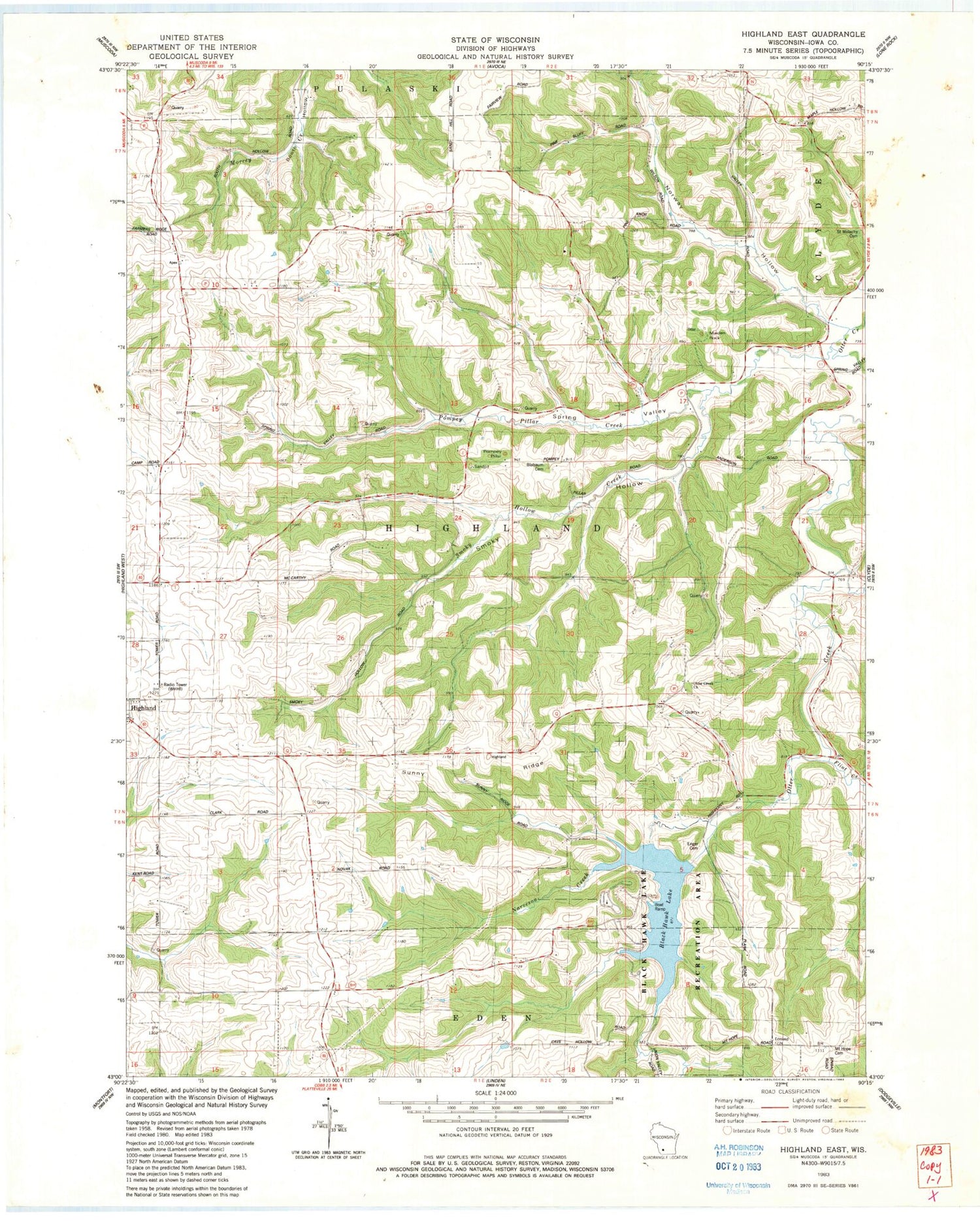Classic USGS Highland East Wisconsin 7.5'x7.5' Topo Map Image