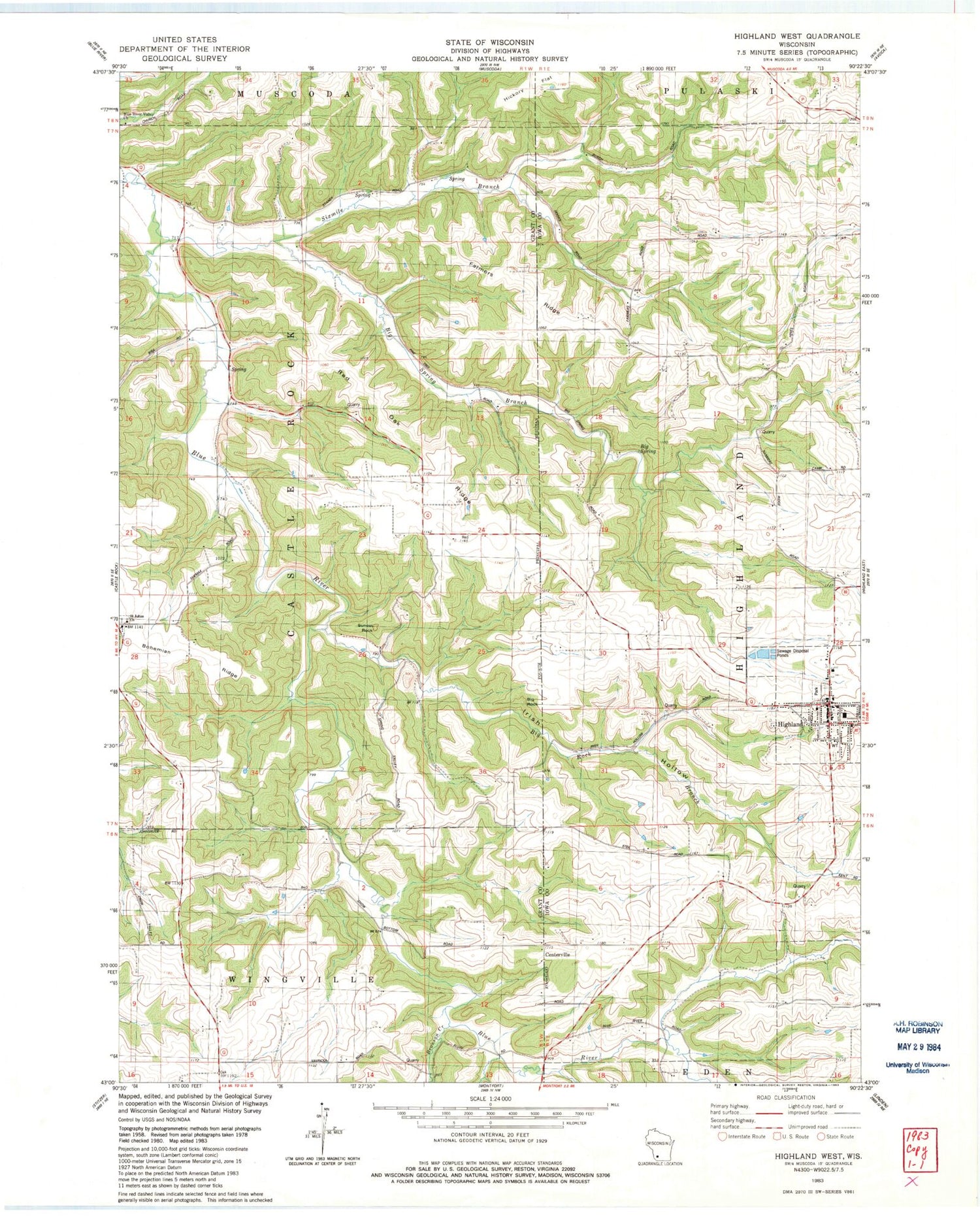 Classic USGS Highland West Wisconsin 7.5'x7.5' Topo Map Image