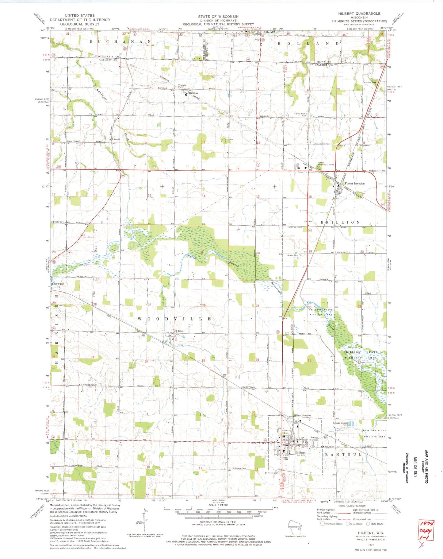 Classic USGS Hilbert Wisconsin 7.5'x7.5' Topo Map Image
