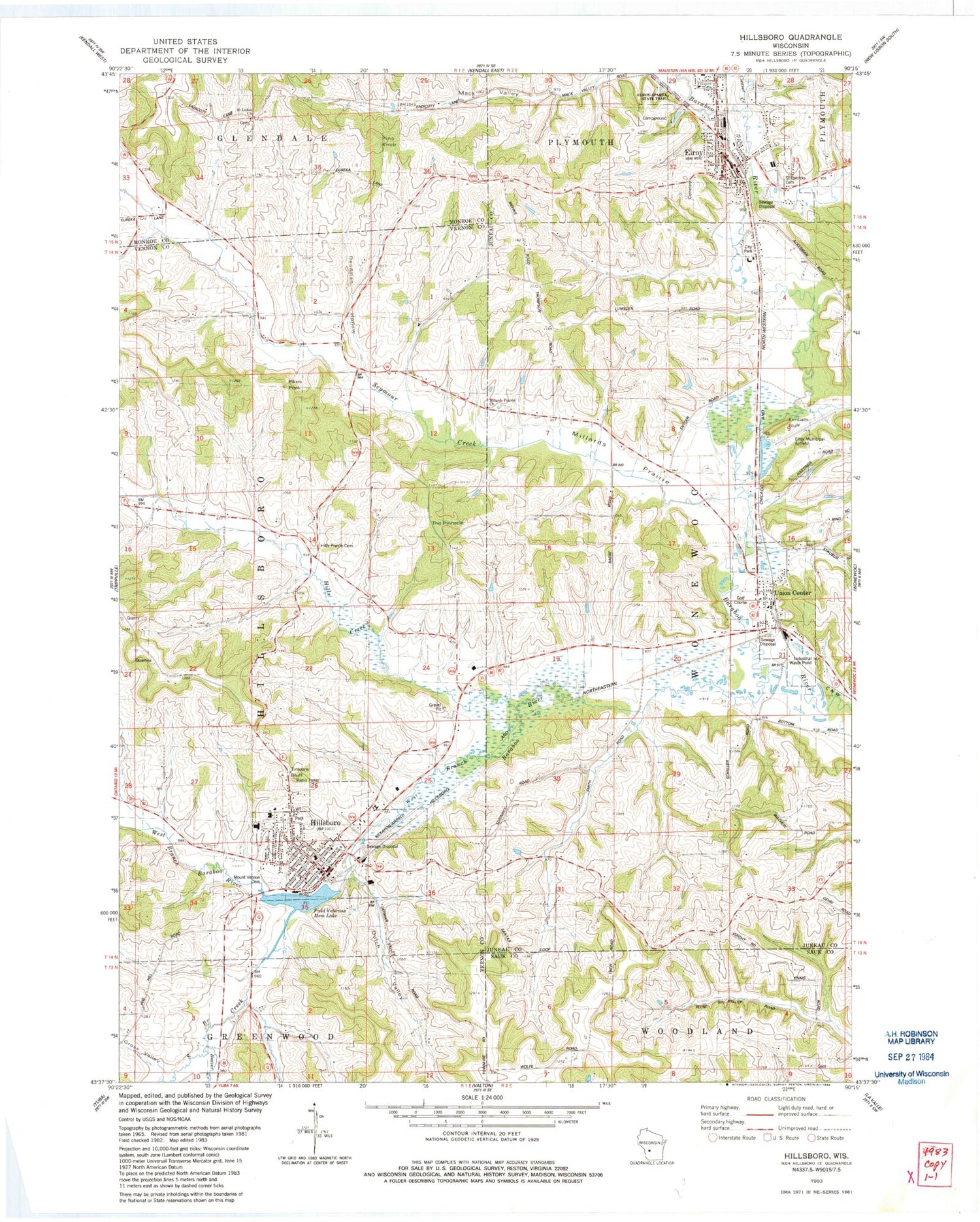 Classic USGS Hillsboro Wisconsin 7.5'x7.5' Topo Map Image