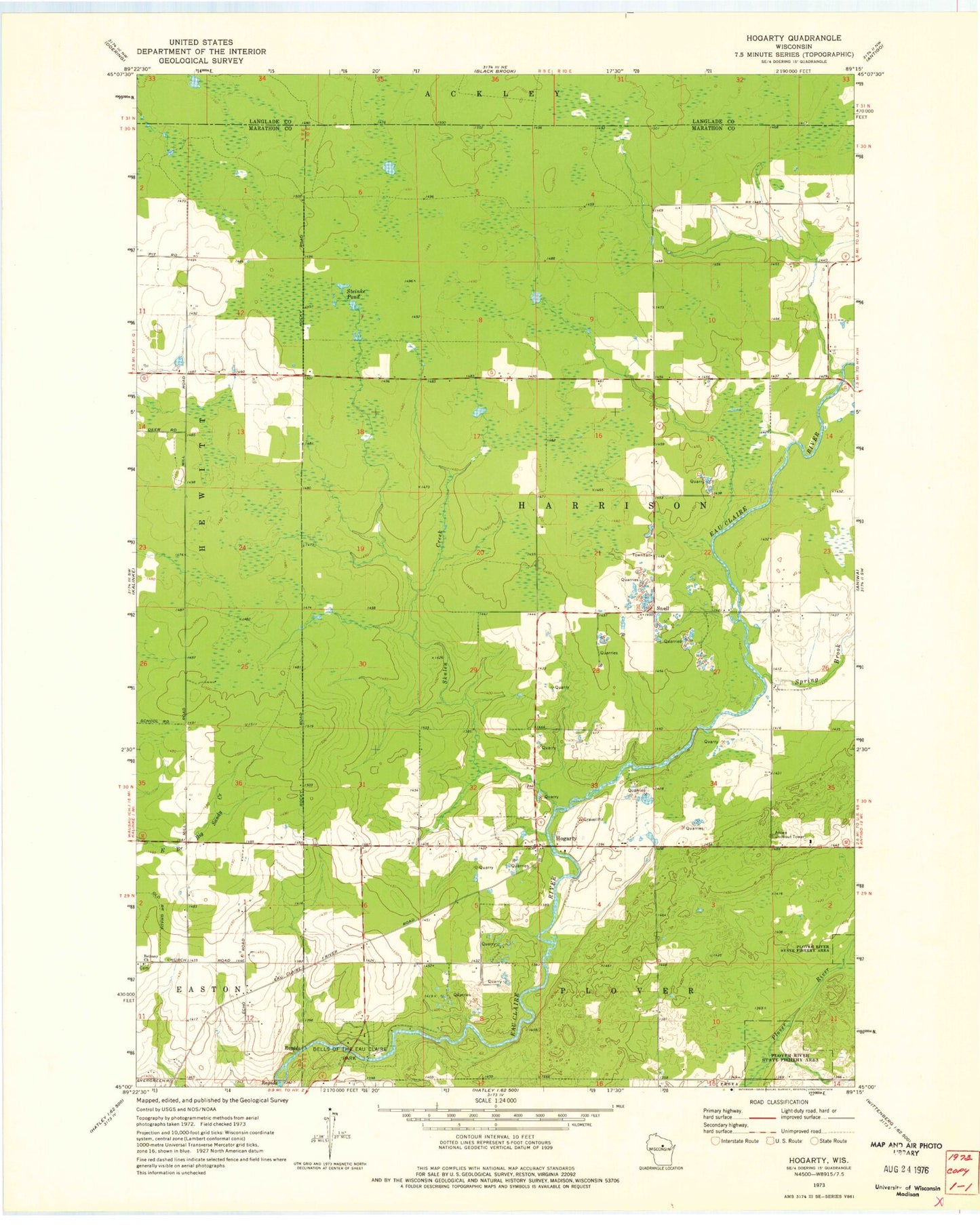 Classic USGS Hogarty Wisconsin 7.5'x7.5' Topo Map Image
