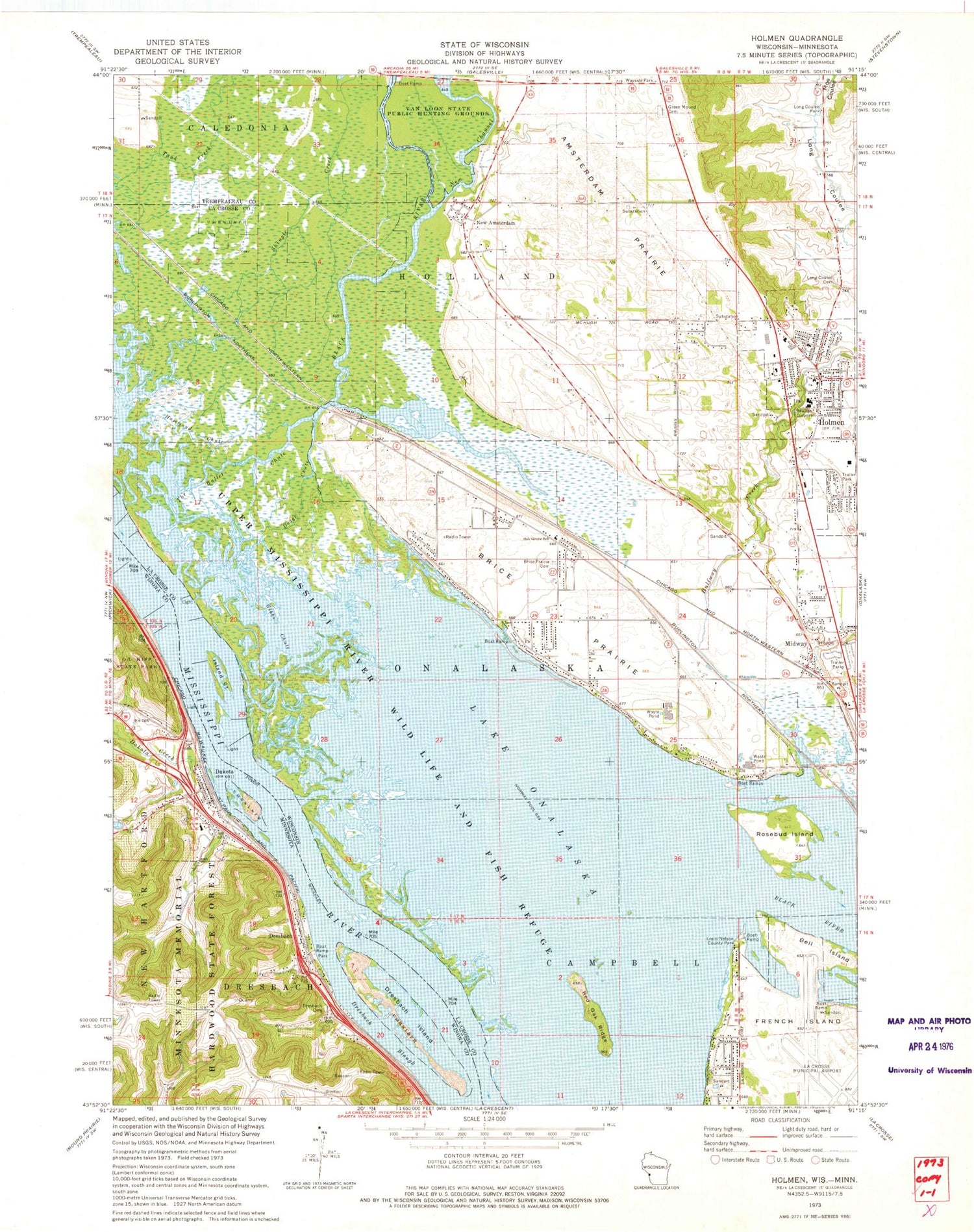 Classic USGS Holmen Wisconsin 7.5'x7.5' Topo Map Image