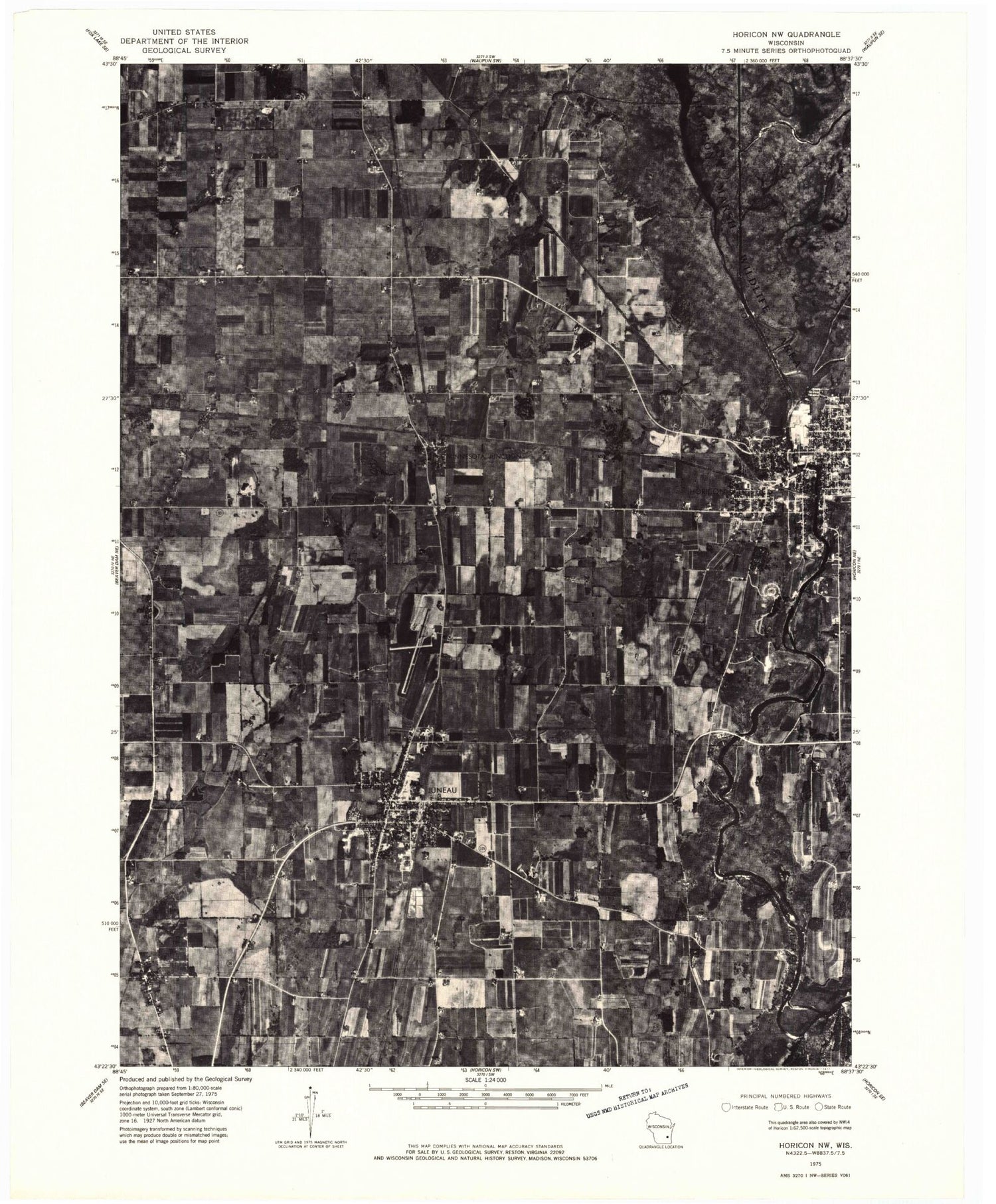 Classic USGS Horicon Wisconsin 7.5'x7.5' Topo Map Image