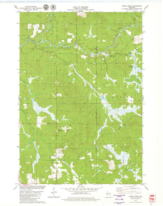 Classic USGS Horse Creek Wisconsin 7.5'x7.5' Topo Map Image