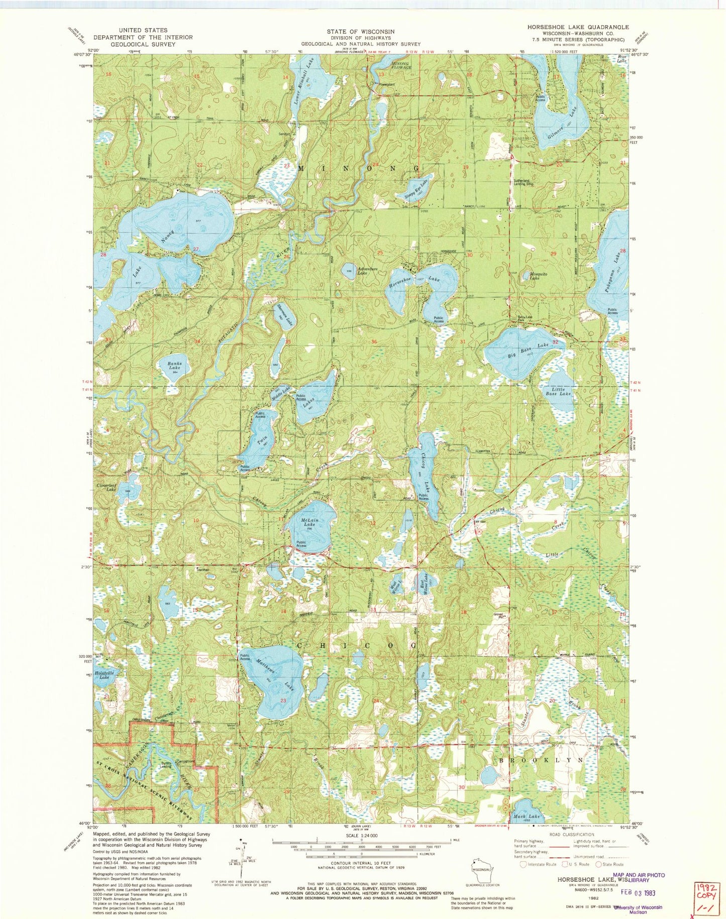 Classic USGS Horseshoe Lake Wisconsin 7.5'x7.5' Topo Map Image