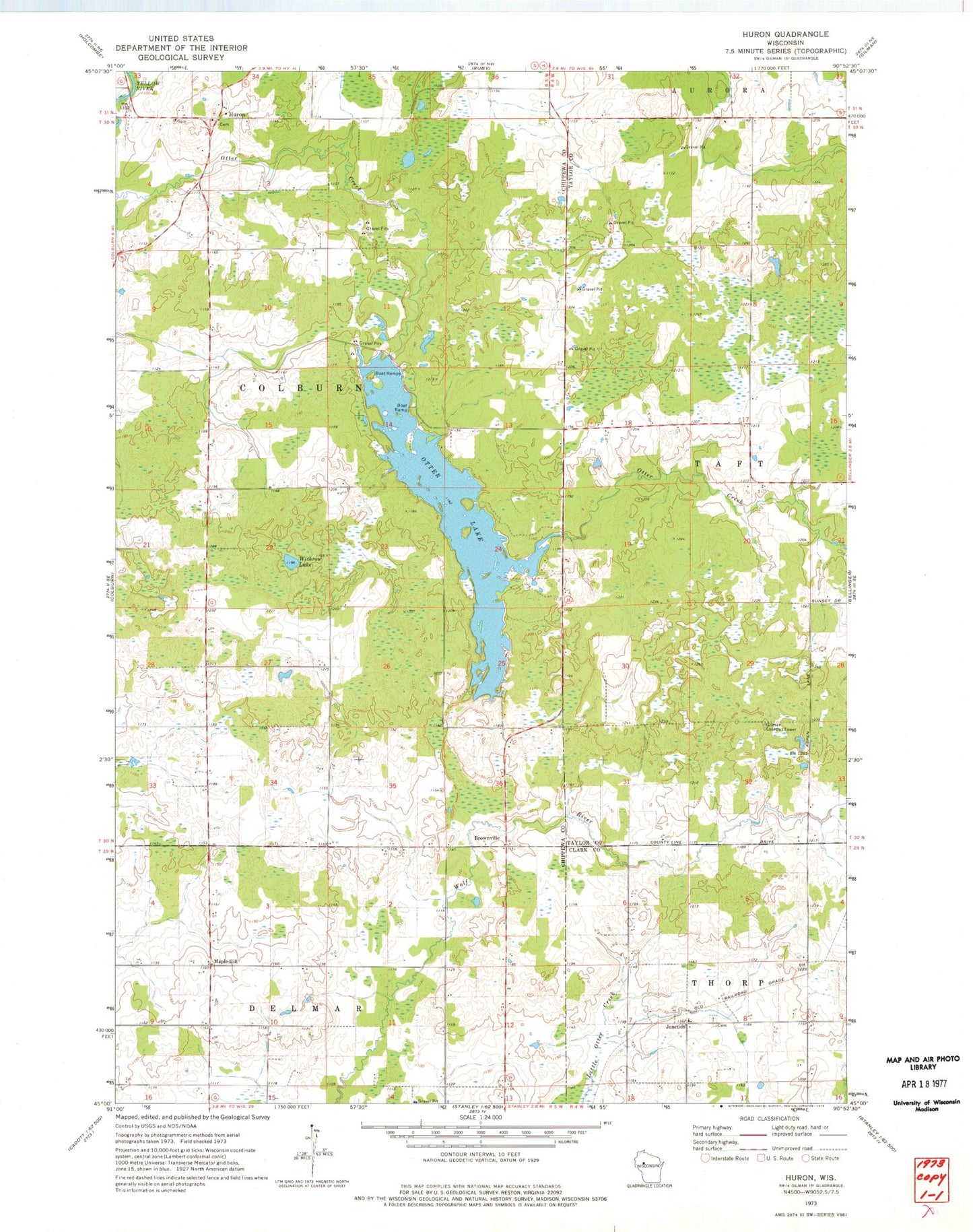 Classic USGS Huron Wisconsin 7.5'x7.5' Topo Map Image