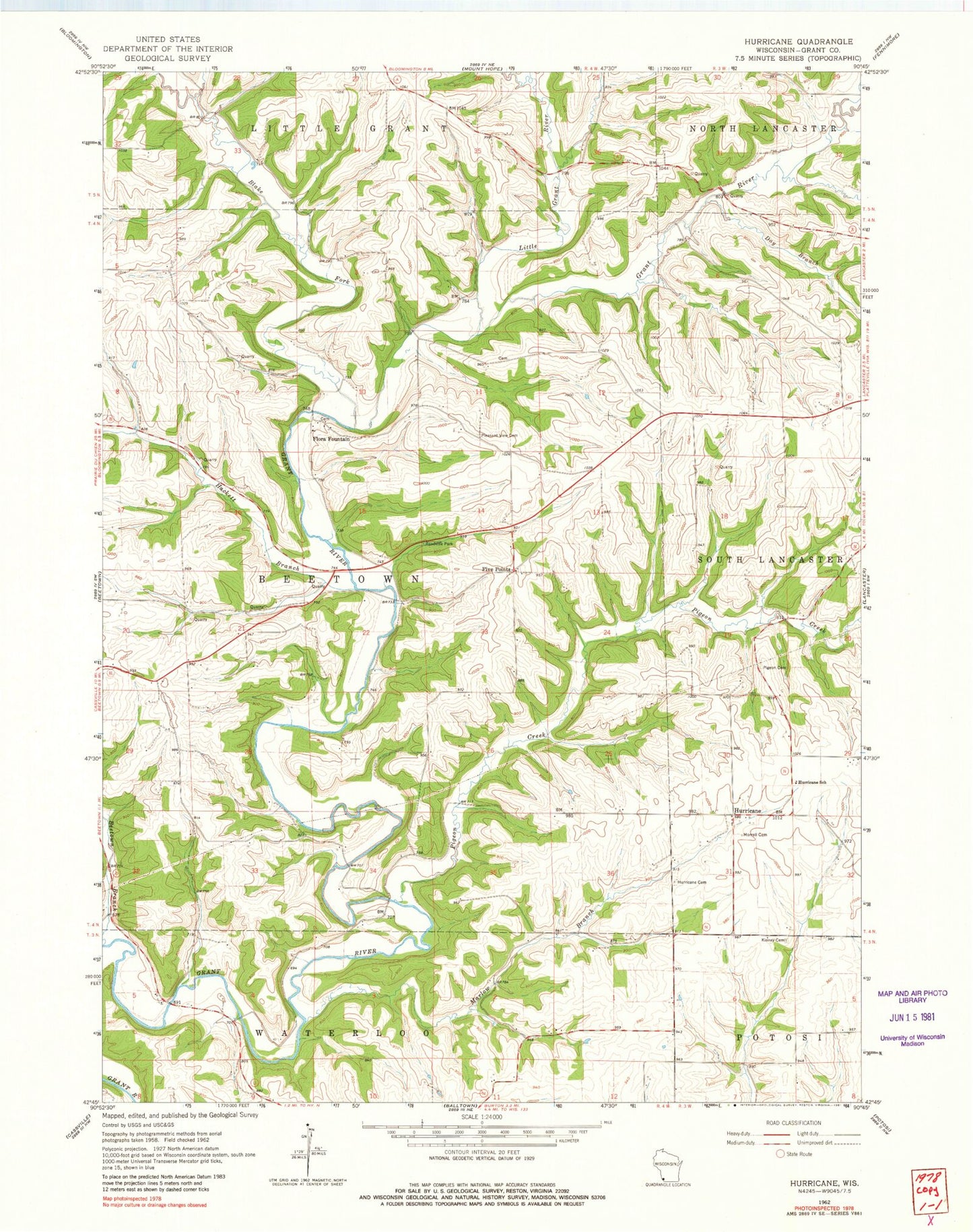 Classic USGS Hurricane Wisconsin 7.5'x7.5' Topo Map Image