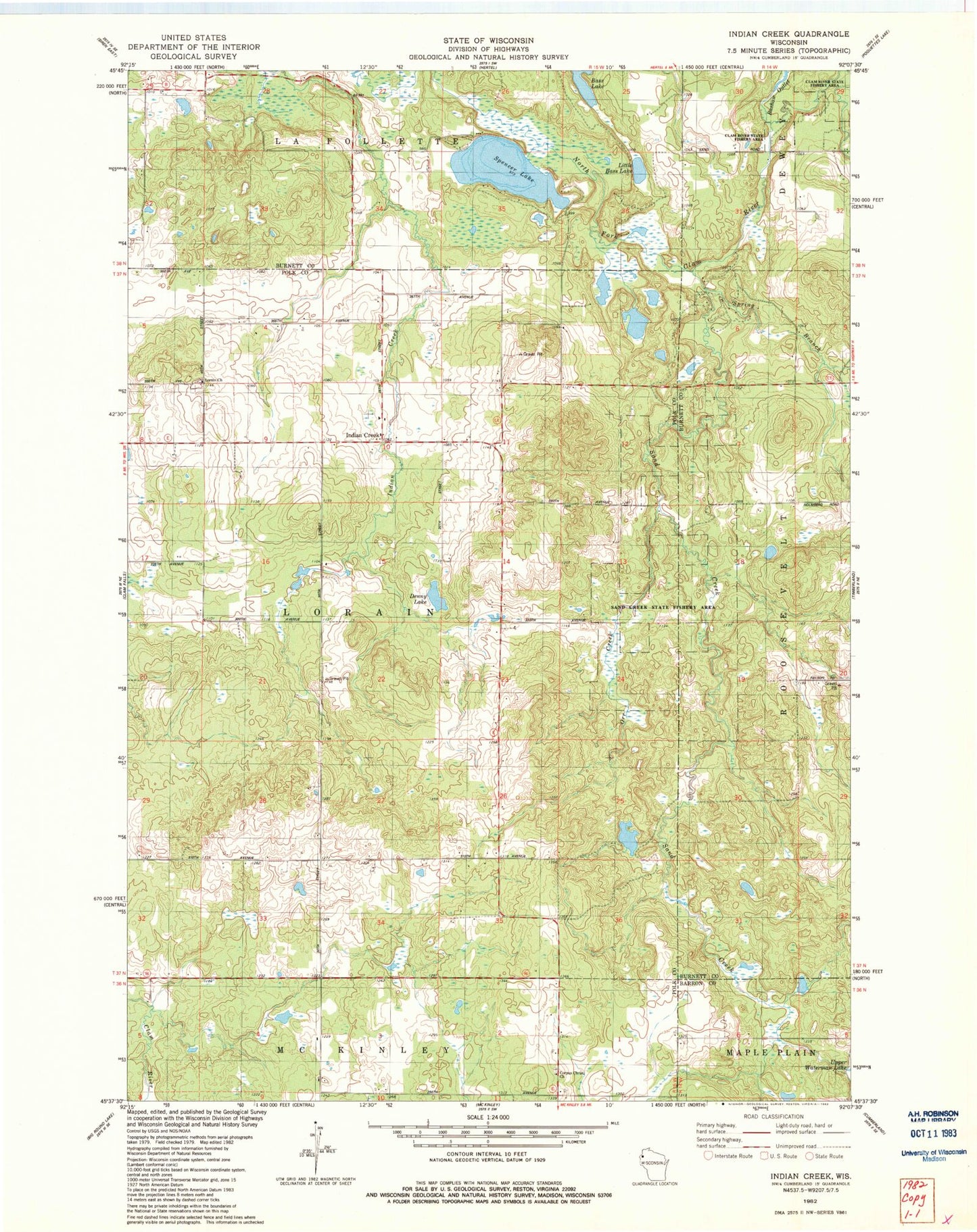 Classic USGS Indian Creek Wisconsin 7.5'x7.5' Topo Map Image