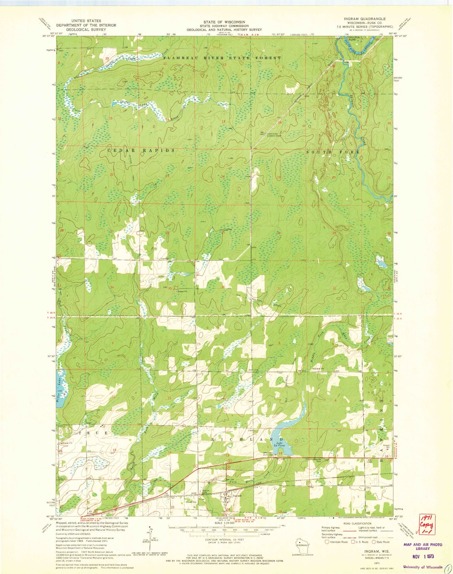 Classic USGS Ingram Wisconsin 7.5'x7.5' Topo Map Image