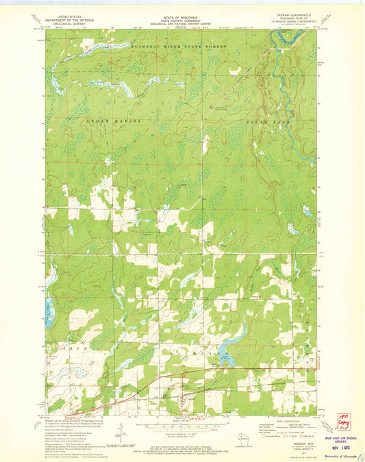 Classic USGS Ingram Wisconsin 7.5'x7.5' Topo Map Image