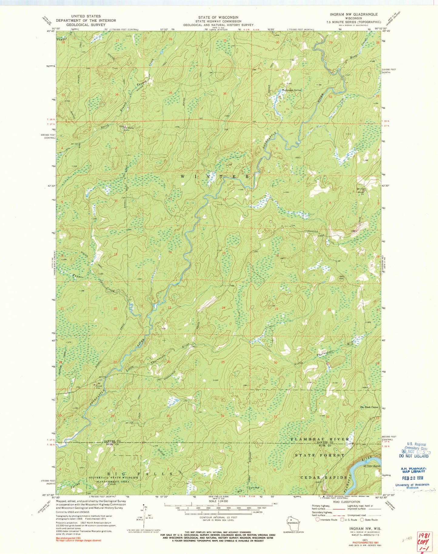 Classic USGS Ingram NW Wisconsin 7.5'x7.5' Topo Map Image