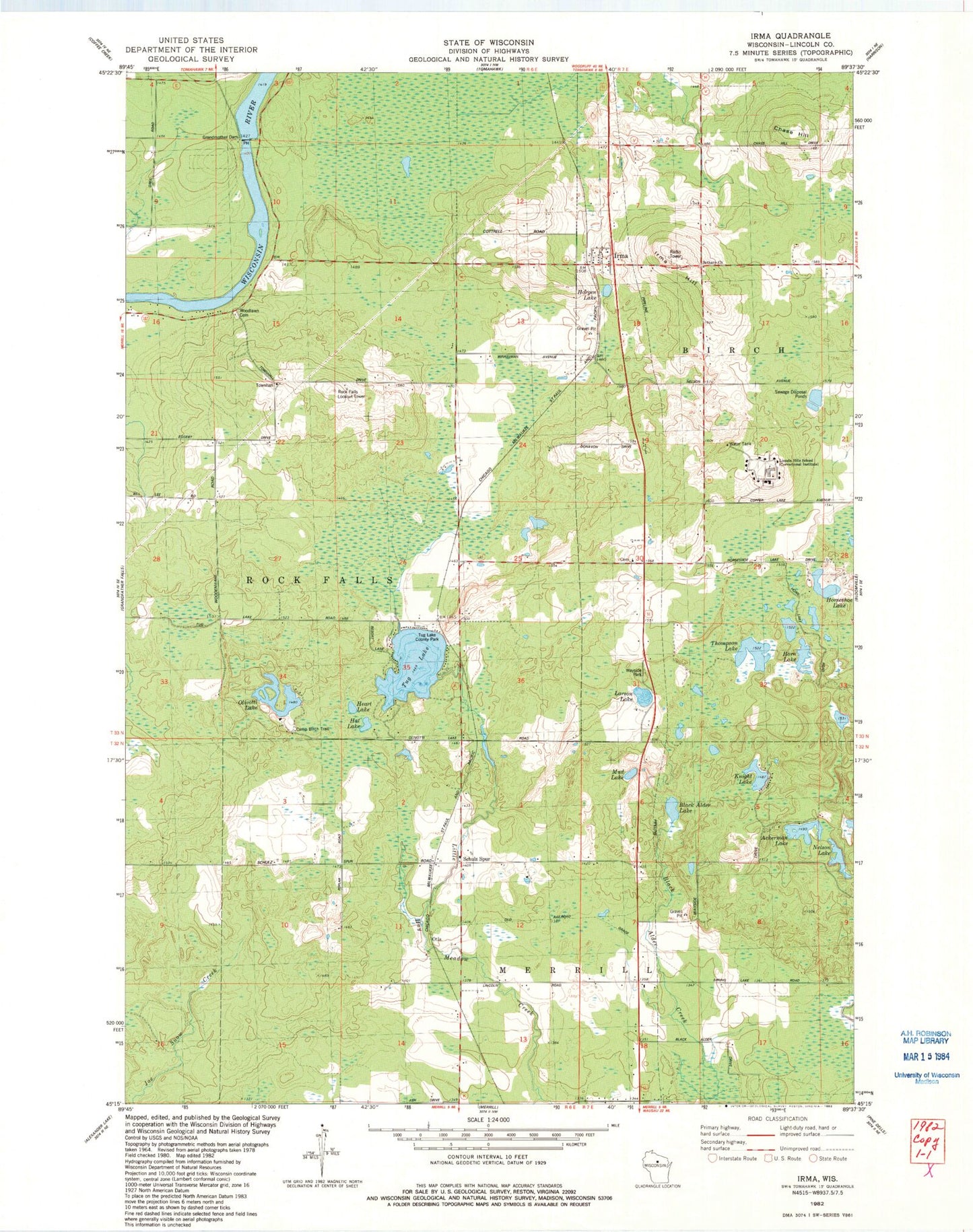 Classic USGS Irma Wisconsin 7.5'x7.5' Topo Map Image