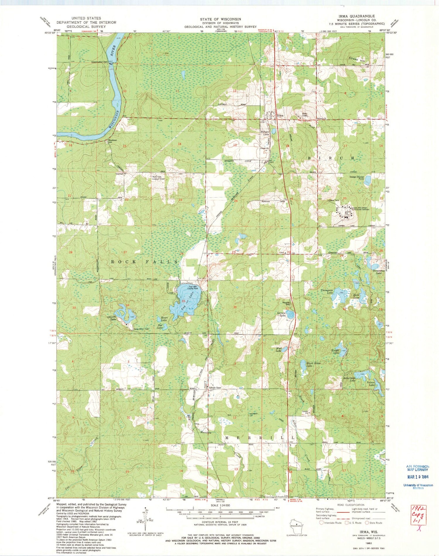 Classic USGS Irma Wisconsin 7.5'x7.5' Topo Map Image