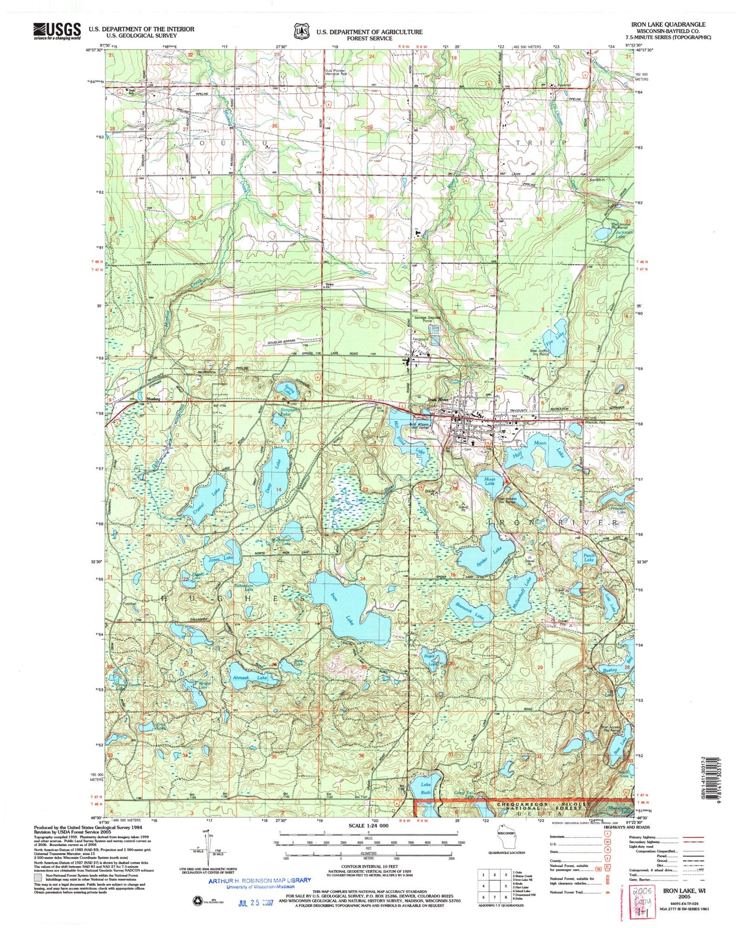 Classic USGS Iron Lake Wisconsin 7.5'x7.5' Topo Map Image