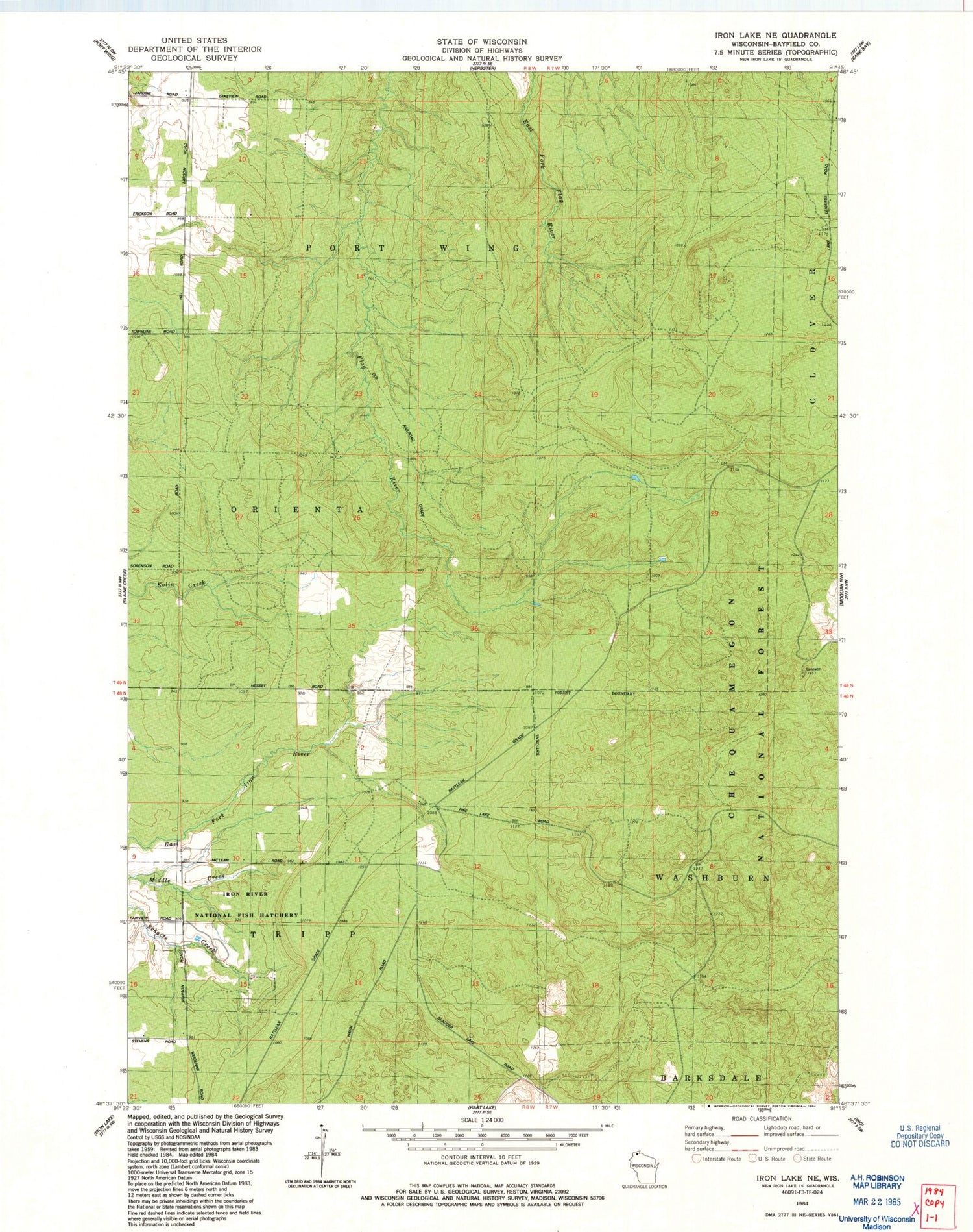 Classic USGS Iron Lake NE Wisconsin 7.5'x7.5' Topo Map Image
