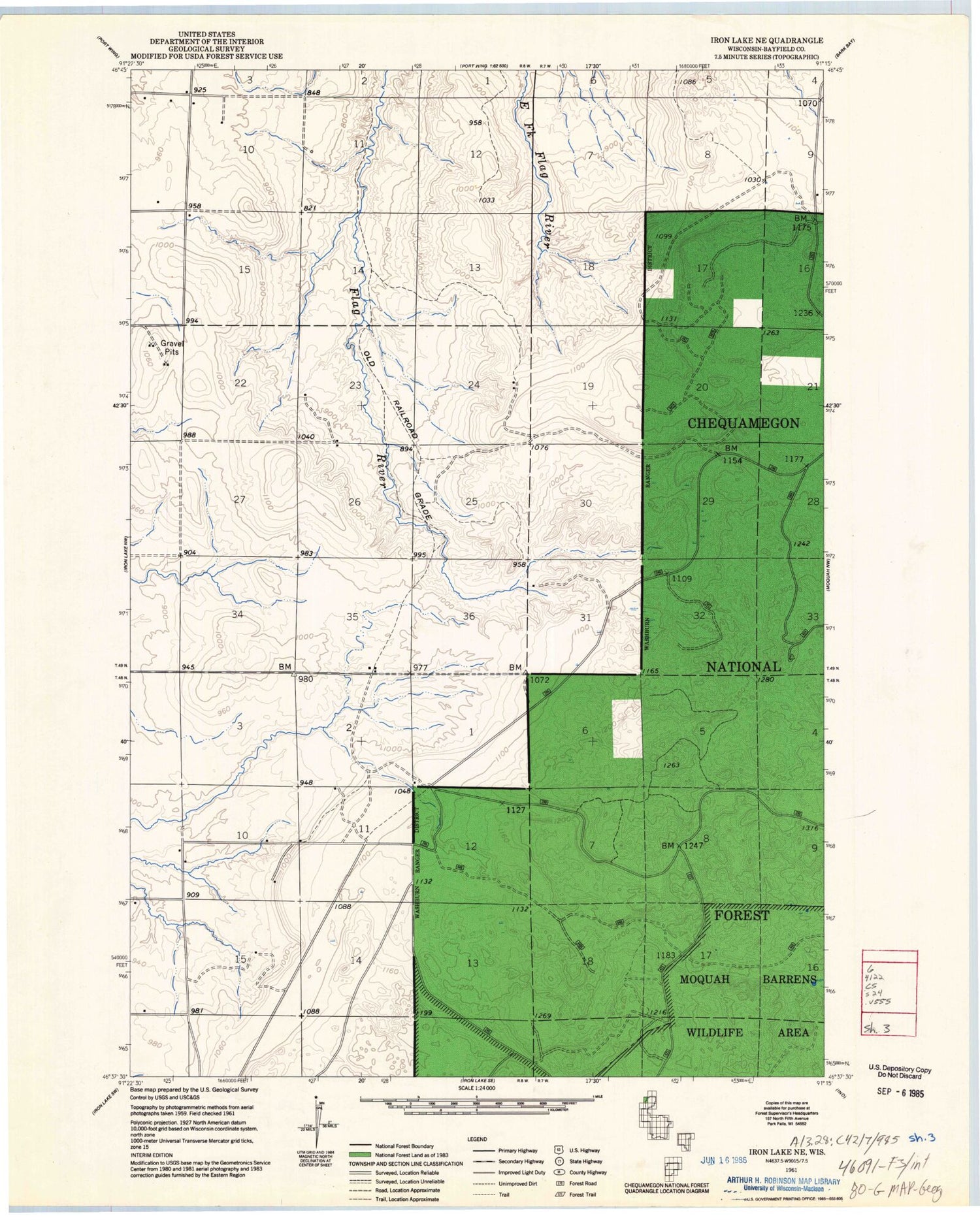 Classic USGS Iron Lake NE Wisconsin 7.5'x7.5' Topo Map Image